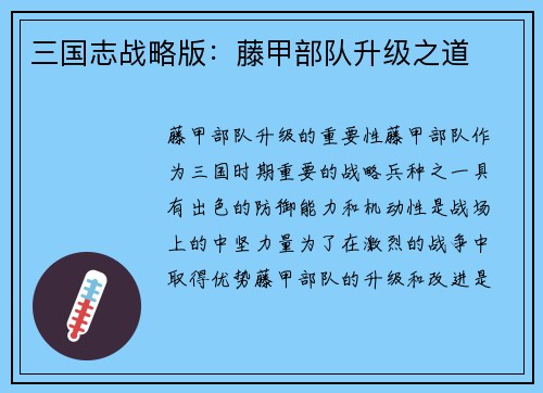 三国志战略版：藤甲部队升级之道