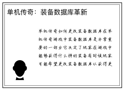 单机传奇：装备数据库革新