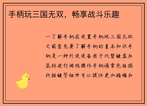 手柄玩三国无双，畅享战斗乐趣