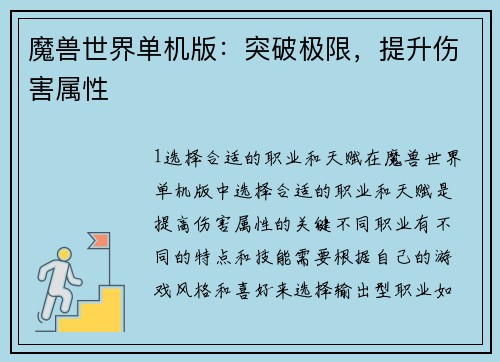 魔兽世界单机版：突破极限，提升伤害属性